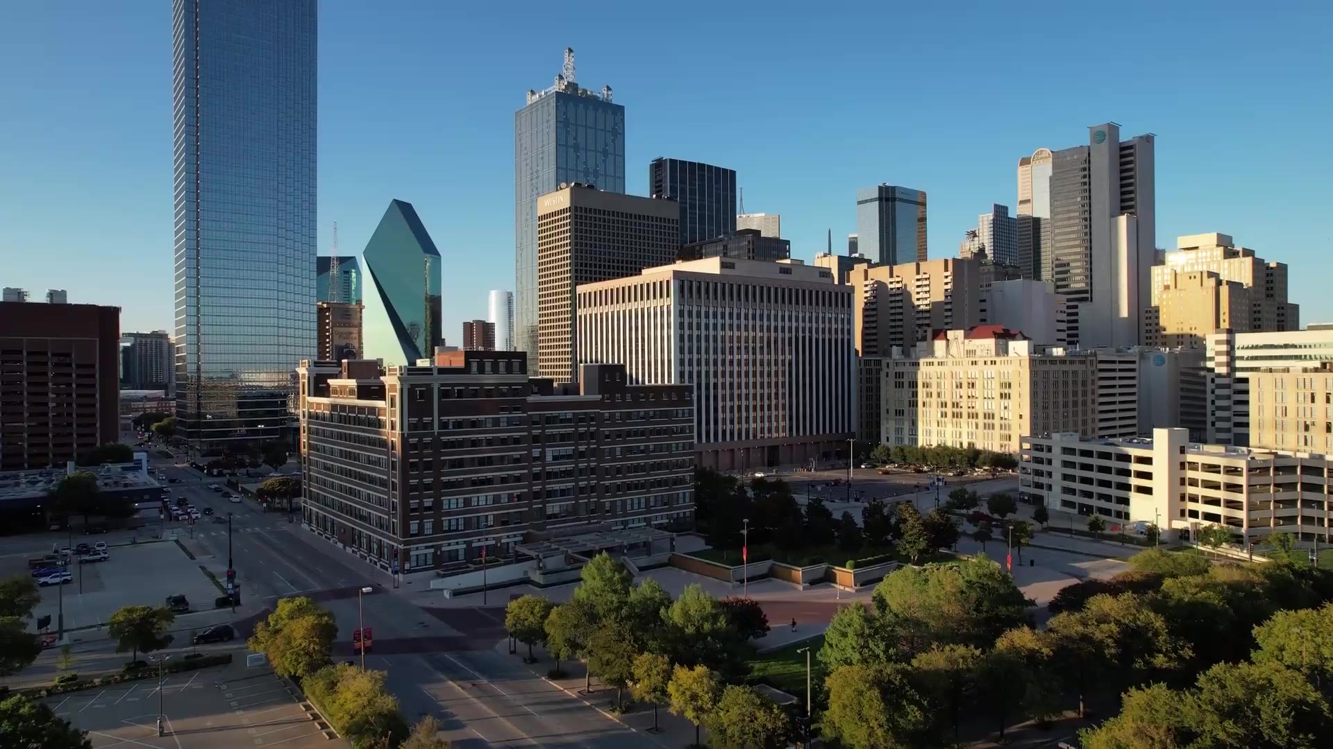 Aerial view of the downtown Dallas skyline on a clear day